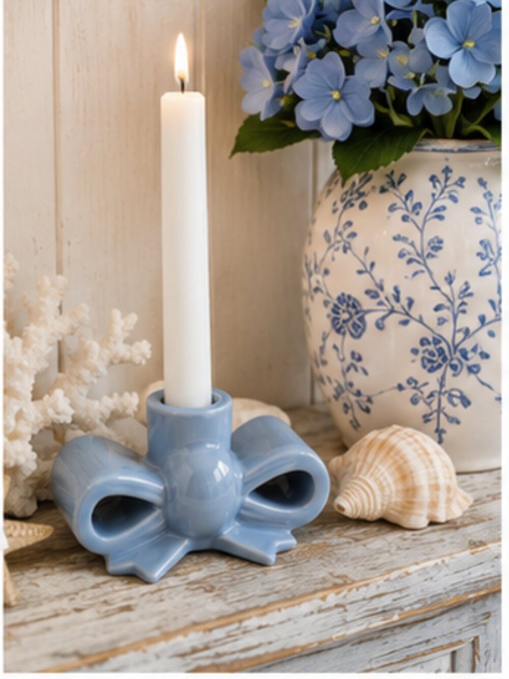 My Texas House Blue Ceramic Bow Taper Candle Holder 2.5" | Coastal Cottage Decor